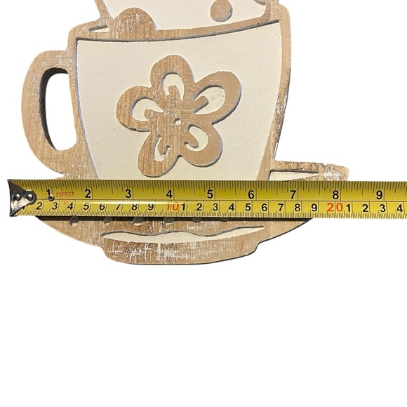 Toppling Teacups Etched Wooden Wall Hanging Plaque Heart Dots Flower Rustic - Picture 3 of 4